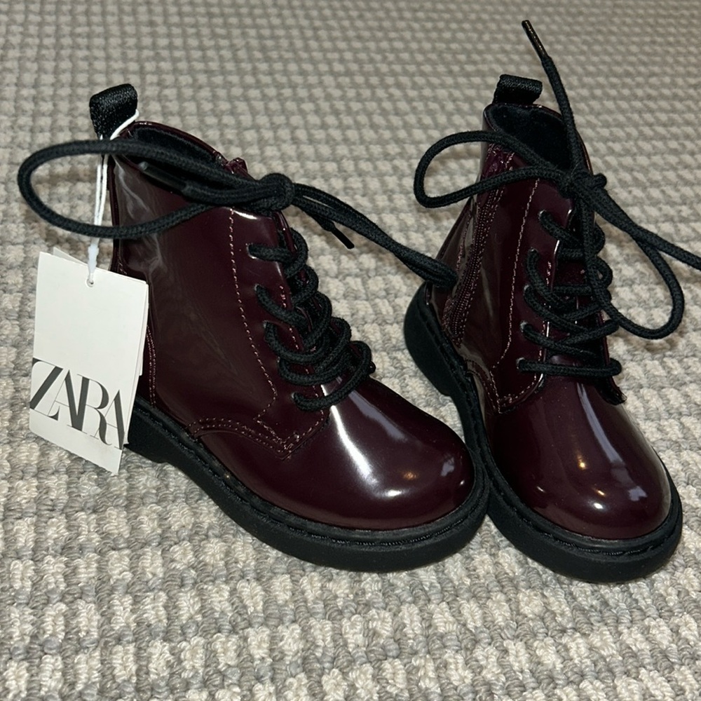 Brand new Patent Effect Boots from Zara. Burgundy red color. Tags on!